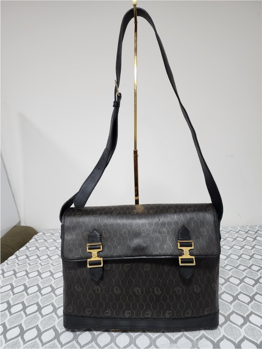 Christian Dior Vintage Honeycomb Canvas Messenger Bag Black
